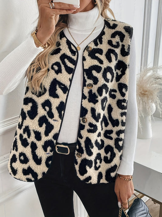 Leopard Button Up Sherpa Vest