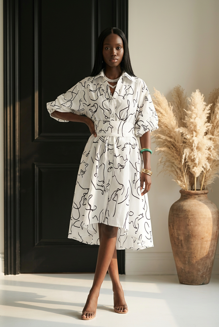 Swing Dress/ Faux Silk White/Black 758