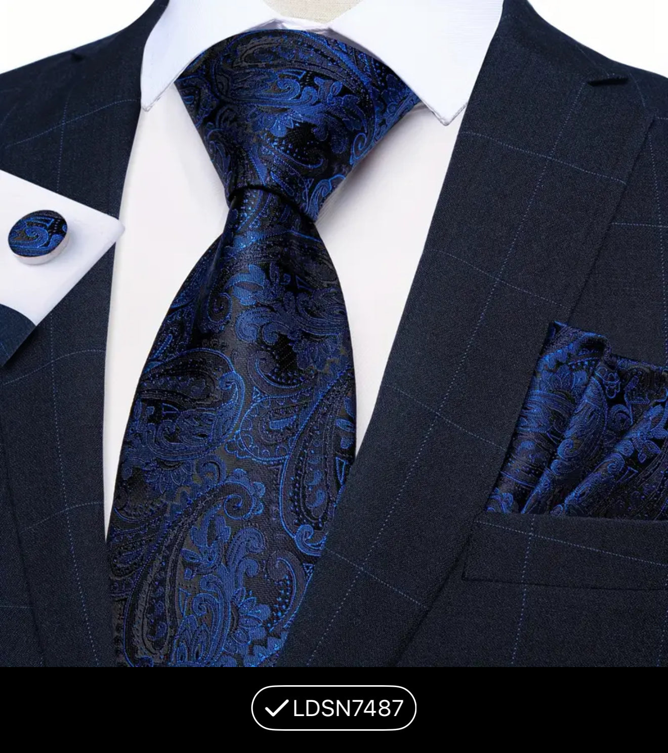 Men’s Silk Coordinated Tie Set - Deep Royal Blue & Black Paisley