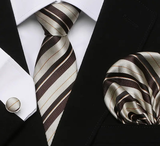 Men’s Silk Coordinated Tie Set - Beige Brown Striped