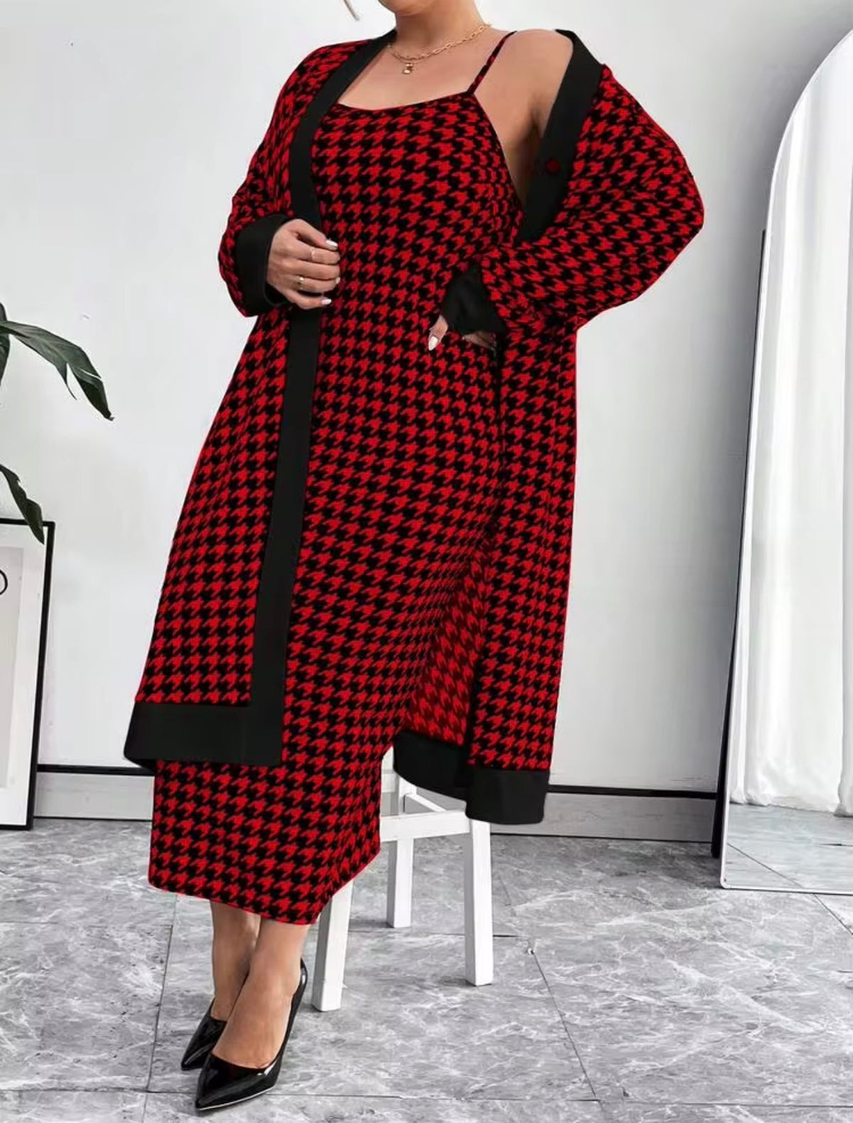 Classic Houndstooth Knit Cardigan & Dress Set - Black/Red, 3X (US 18)