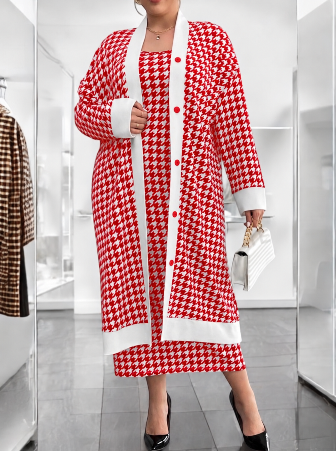 Classic Houndstooth Knit Cardigan & Dress Set - White/Red, 3X (US 18)