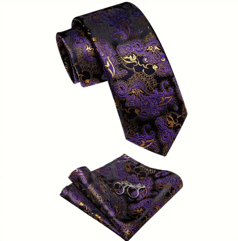 Men’s Silk Coordinated Tie Set - Purple & Gold Paisley