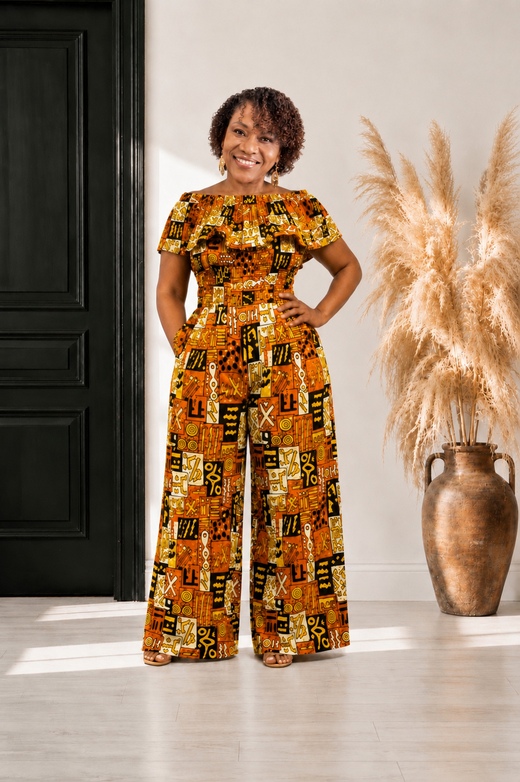 African Print Ruffled Neckline Jumpsuit / Romper (Brown) with Head Wrap