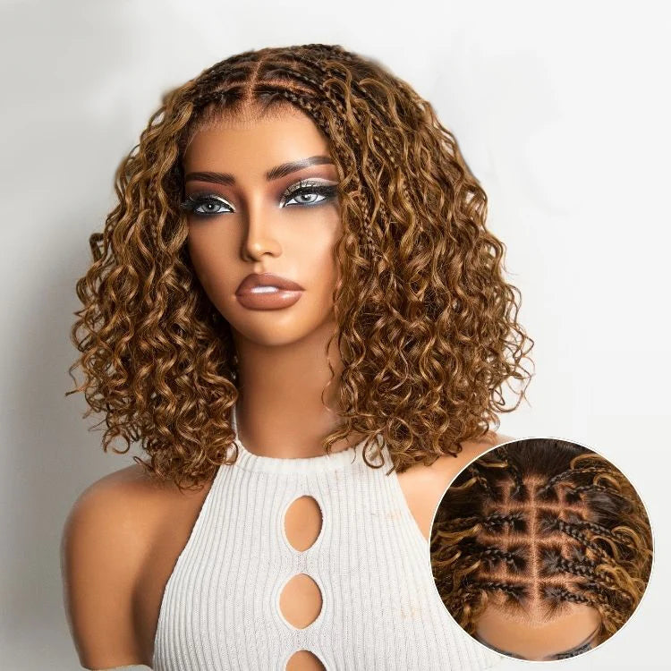 150% Density 5x5 Closure Lace with Boho Braids Pre-Cut Glueless Lace Wig Ombre Brown Highlight Curly, 12 inches