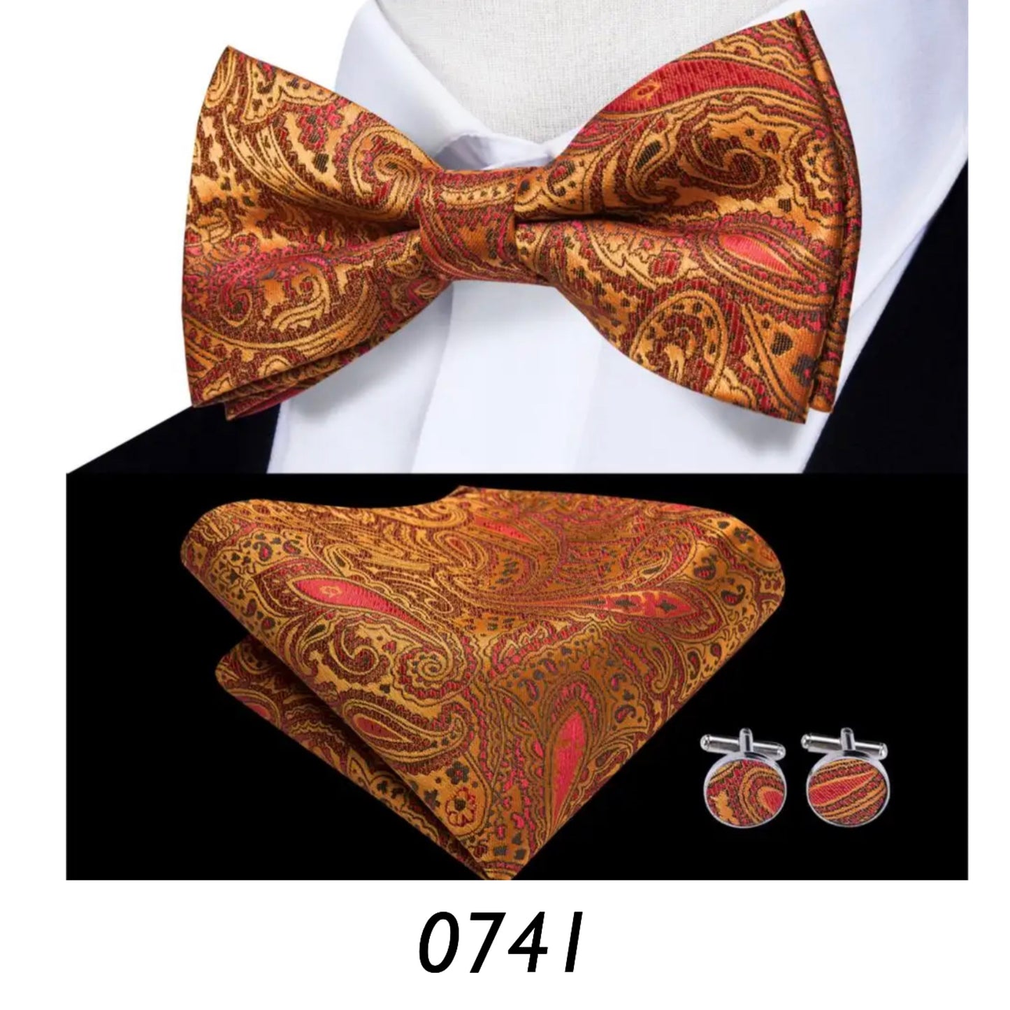 Men’s Silk Coordinated Black Bow Tie Set - Burnt Orange Paisley 0741