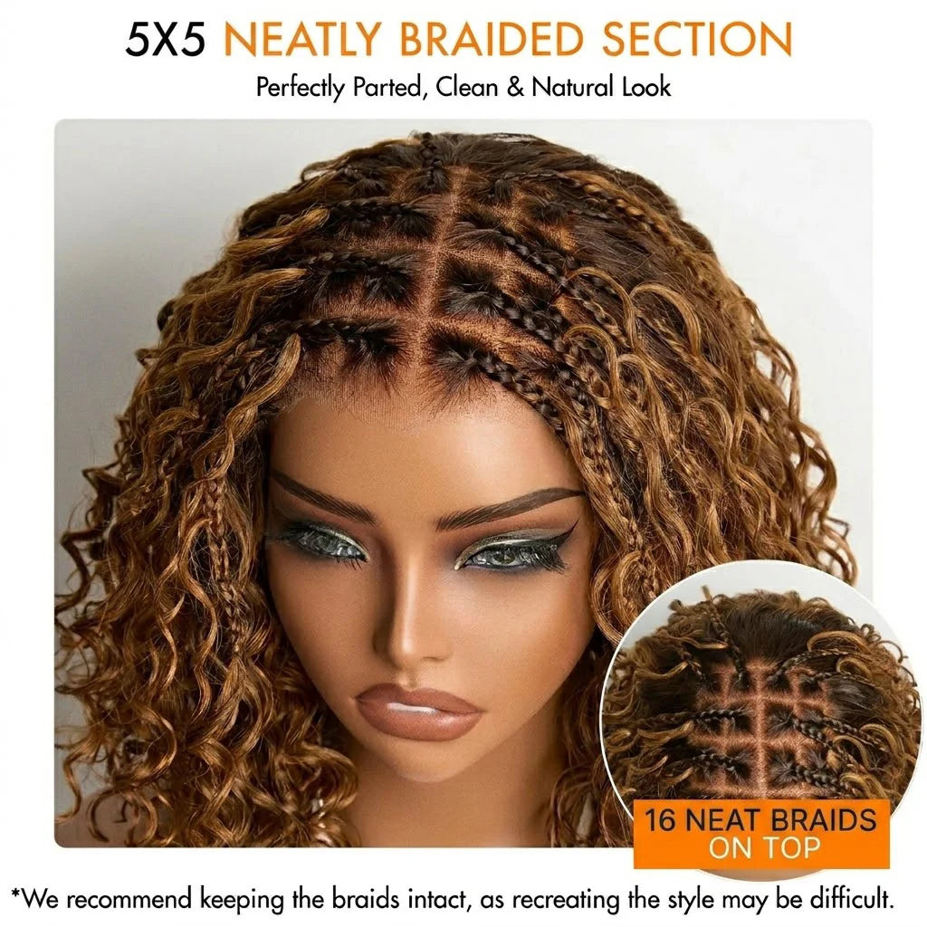 150% Density 5x5 Closure Lace with Boho Braids Pre-Cut Glueless Lace Wig Ombre Brown Highlight Curly, 12 inches