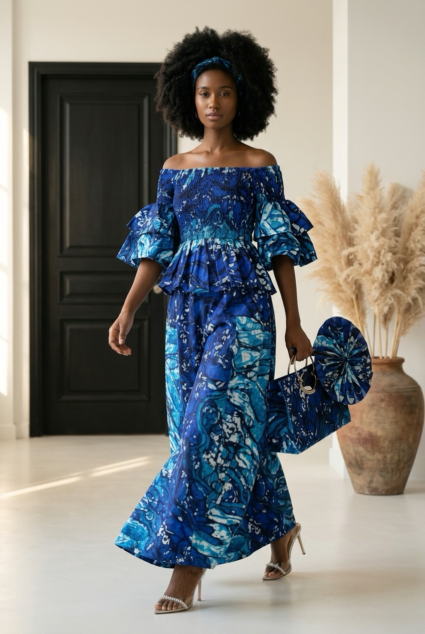 5-Piece African Ankara Pant Set - Blue Marble 019-PS14B