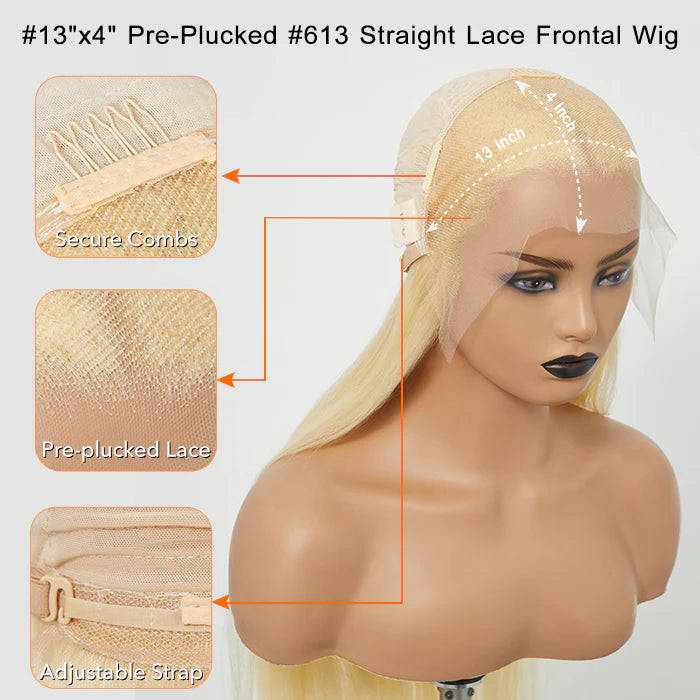 26-30 Inches Pre-Plucked 13"x4" #613 Straight Lace Frontal Wig 200% Density-100% Human Hair