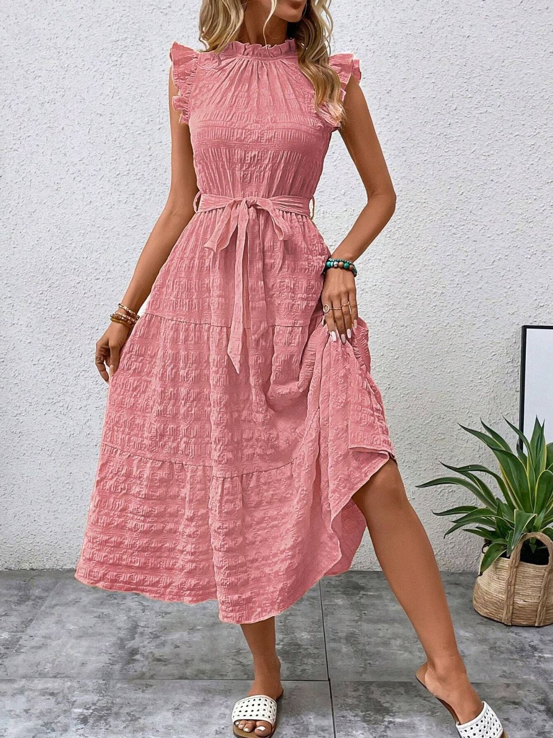 Tied Ruffled Cap Sleeve Midi Dress - 7 color choices