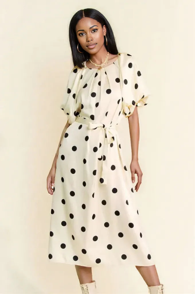 polka dot waist tie midi dress Uylee’s B Polka Dot Puff Sleeves Waist Tie Midi Dress