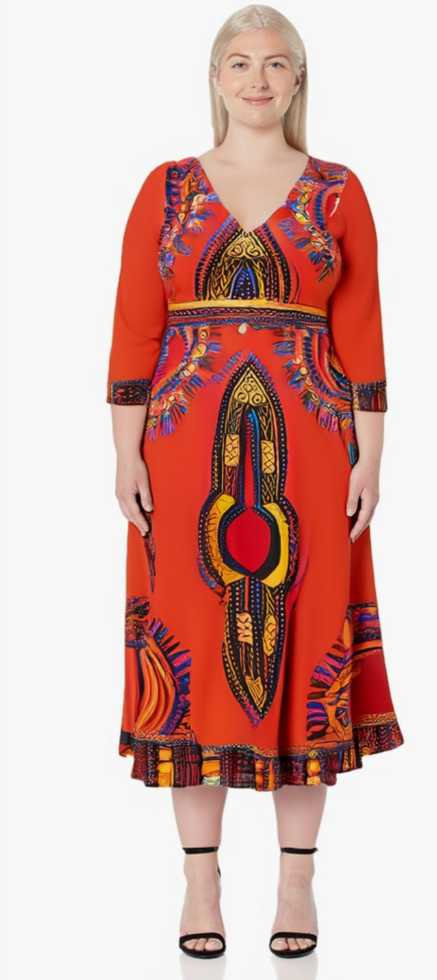 Elegant African Print Maxi Dress – Sizes S to 3XL (Orange)