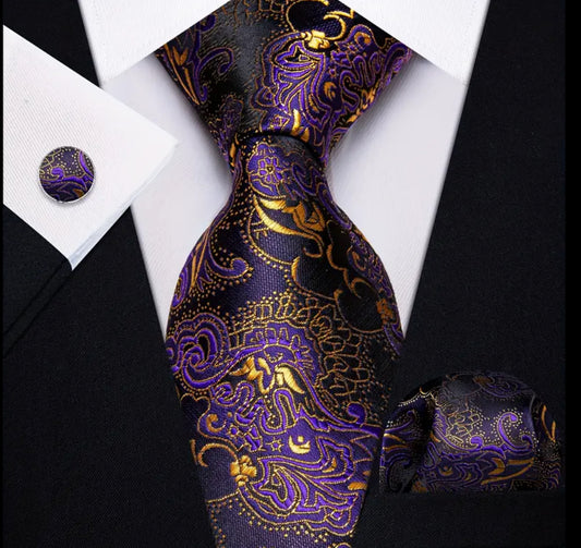 Men’s Silk Coordinated Tie Set - Purple & Gold Paisley