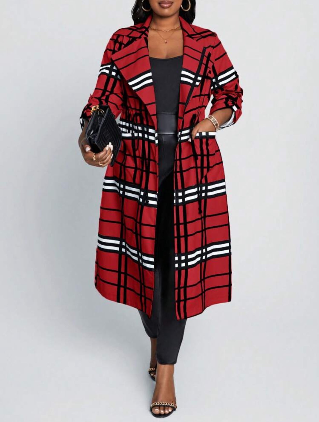 Red Plaid Print Long Length Cardigan, Plus Size 12 - 20