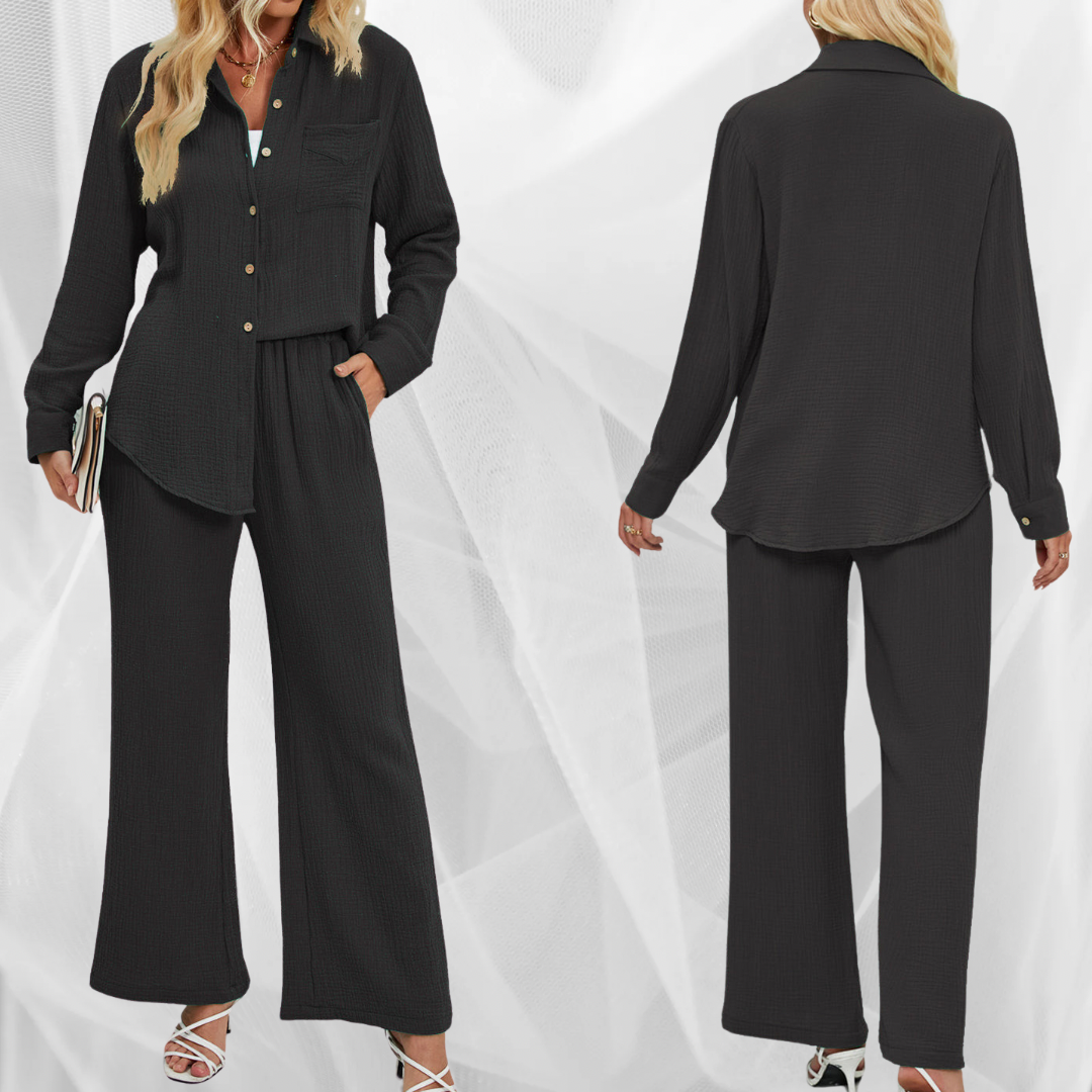 Textured Button Up Shirt and Pants Set - Six Color Options