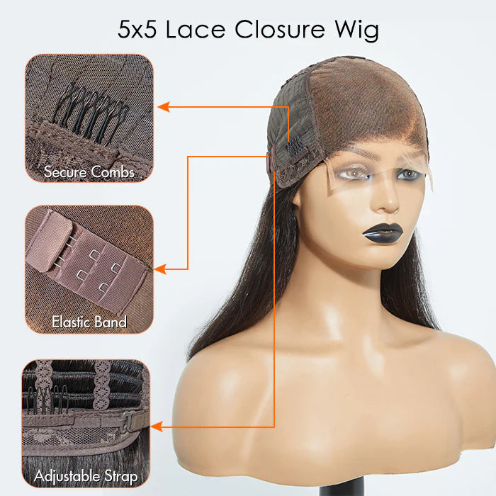 150% Density 5x5 Glueless Lace Closure Human Hair Bob Wig Straight