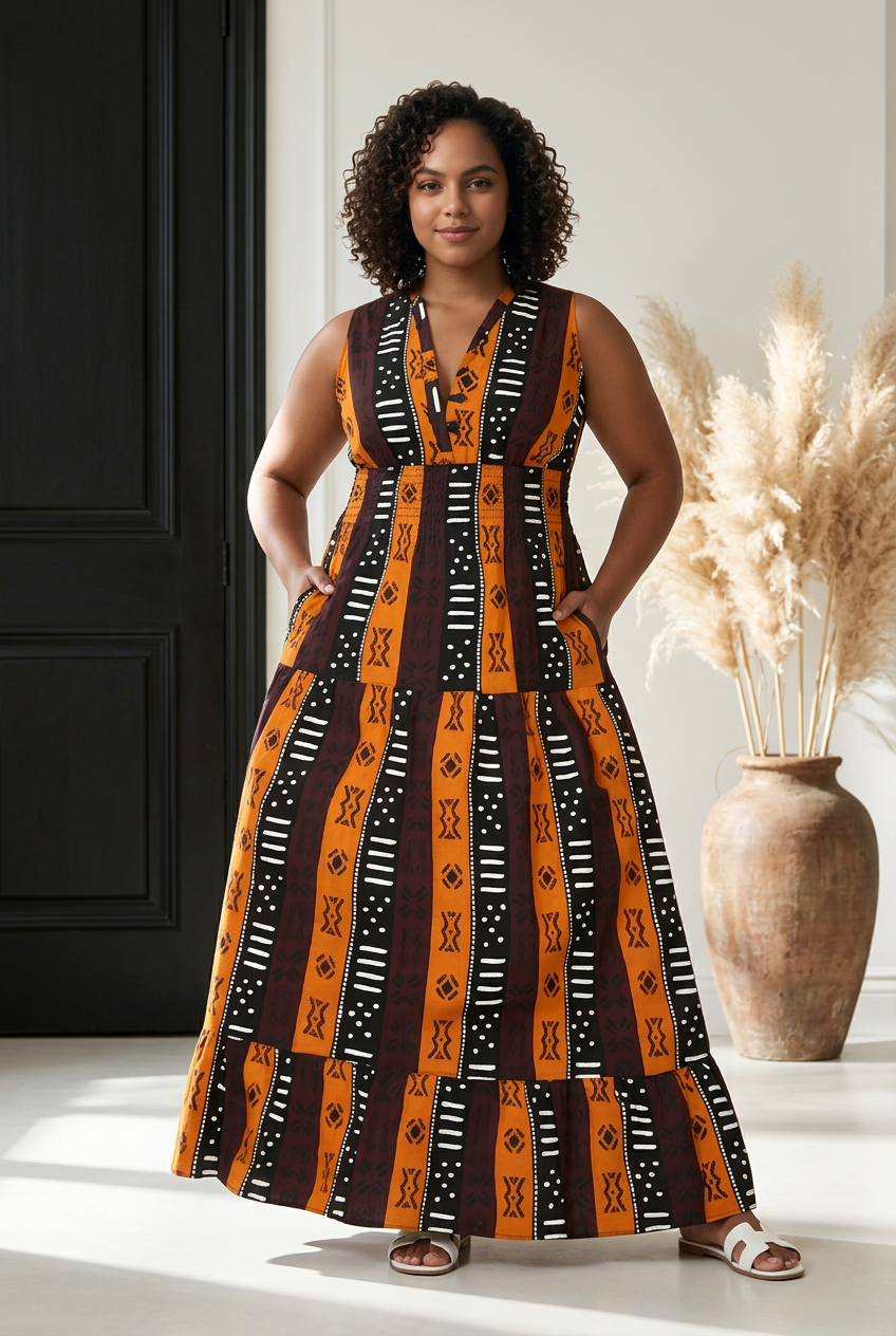 Long Smocked Dress With Scarf 5005-681