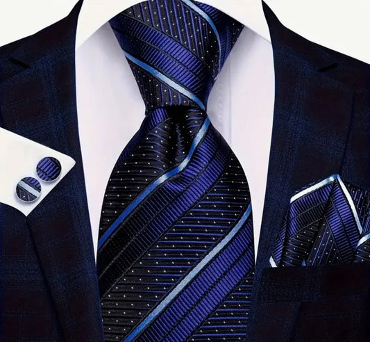 Men’s Silk Coordinated Tie Set - Navy Blue with stripes and small polka dots