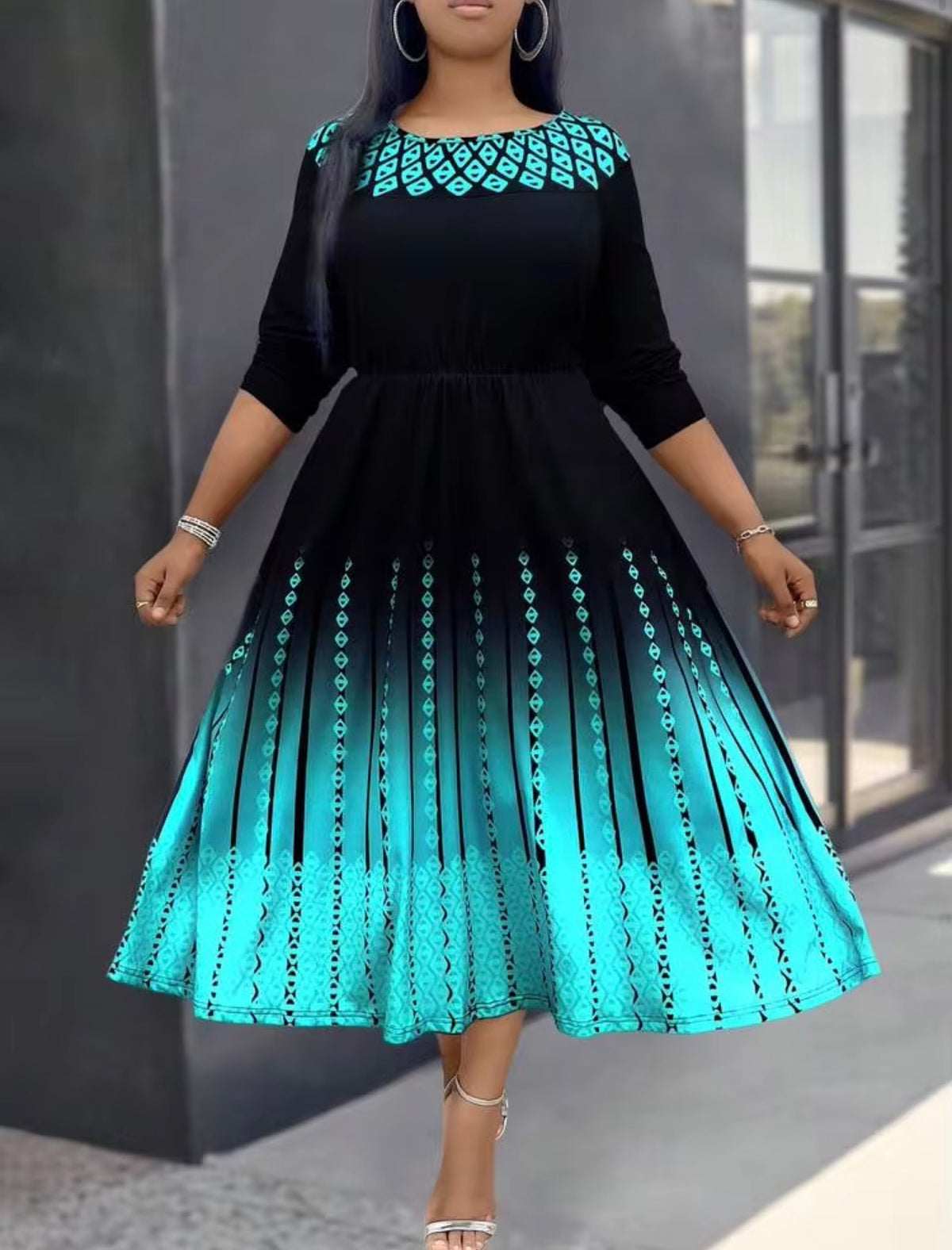 SHEIN Black & Teal Ombre Fit-and-Flare Midi Dress