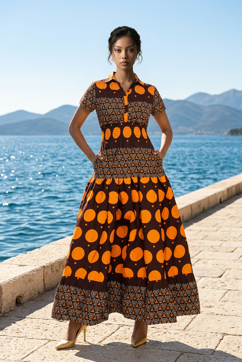 Long Smocked Dress With Scarf (5005-677)