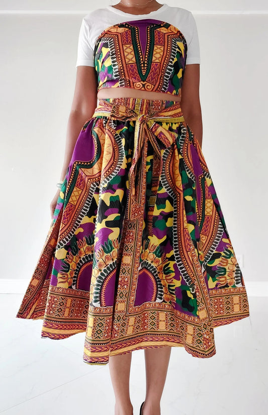 Women Mid Length Dashiki Print Skirt- Purple with headwrap (free size)