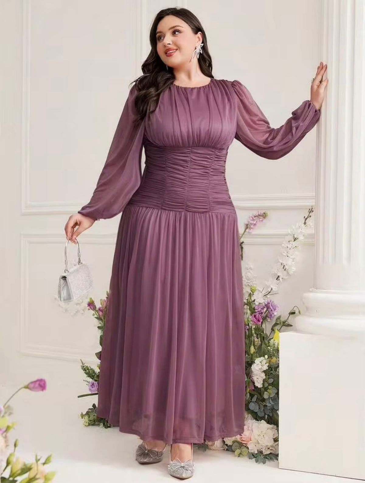 Mauve Purple Long-Sleeve Chiffon Midi Dress, 2X (US 16)