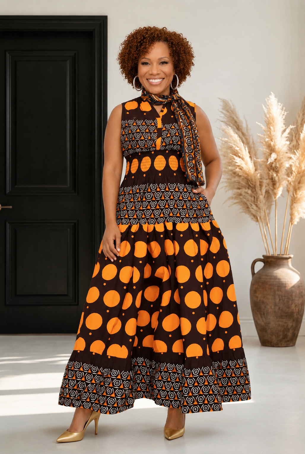 Long Smocked Dress With Scarf (5005-677)