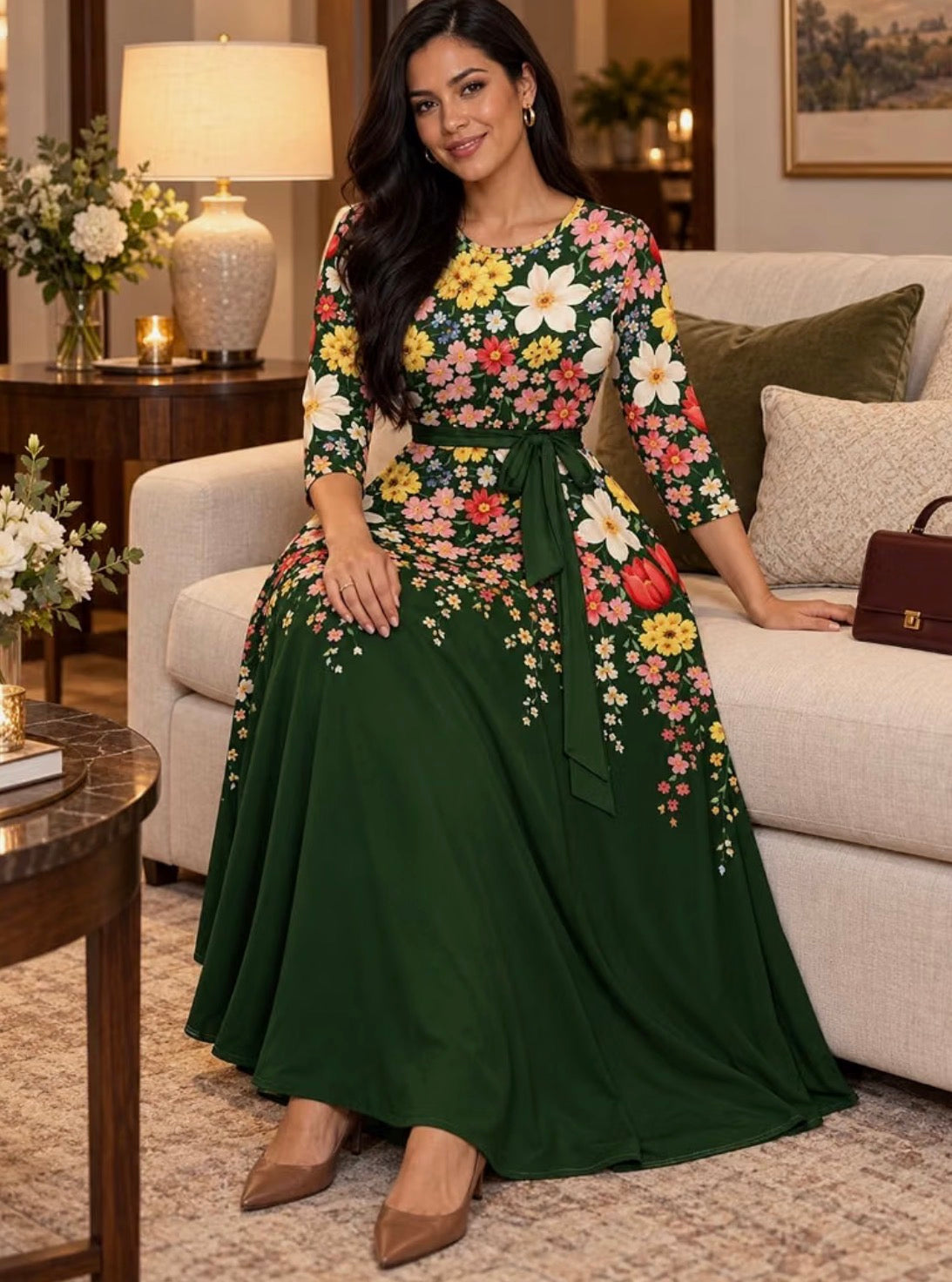 Women's 3/4 Sleeve Plus Size Maxi Dress A-line with Pockets, Size Large