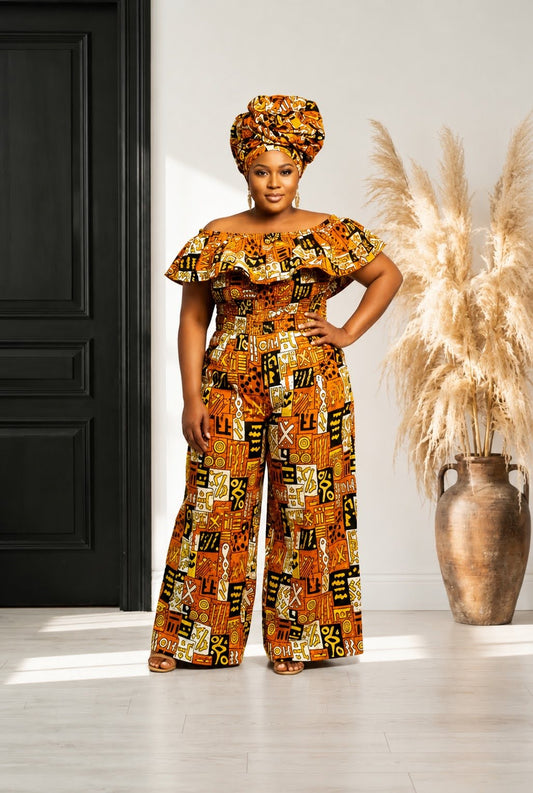 African Print Ruffled Neckline Jumpsuit / Romper (Brown)