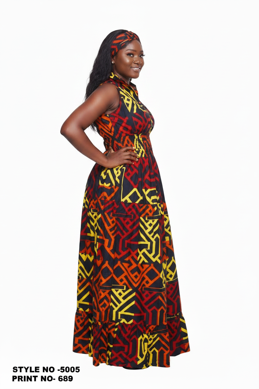 Long Smocked Dress With Scarf 5005 - 689