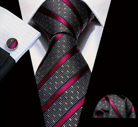 Men’s Silk Coordinated Tie Set - Black and Maroon Striped