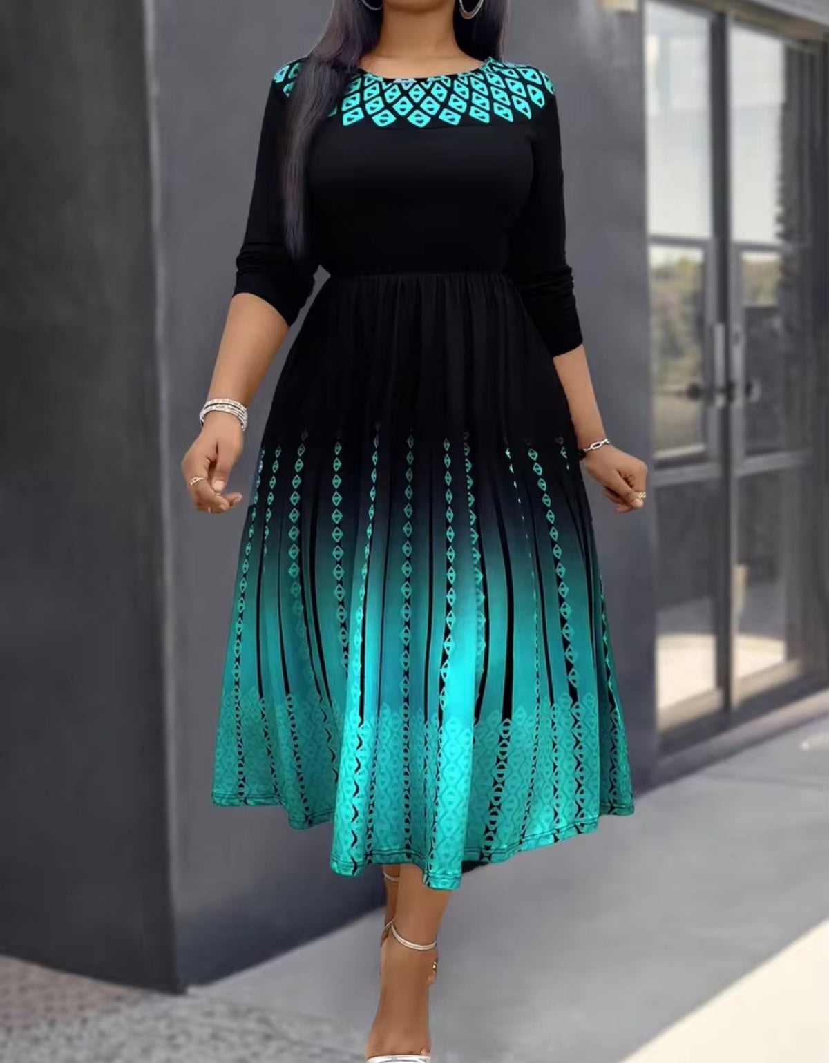 SHEIN Black & Teal Ombre Fit-and-Flare Midi Dress