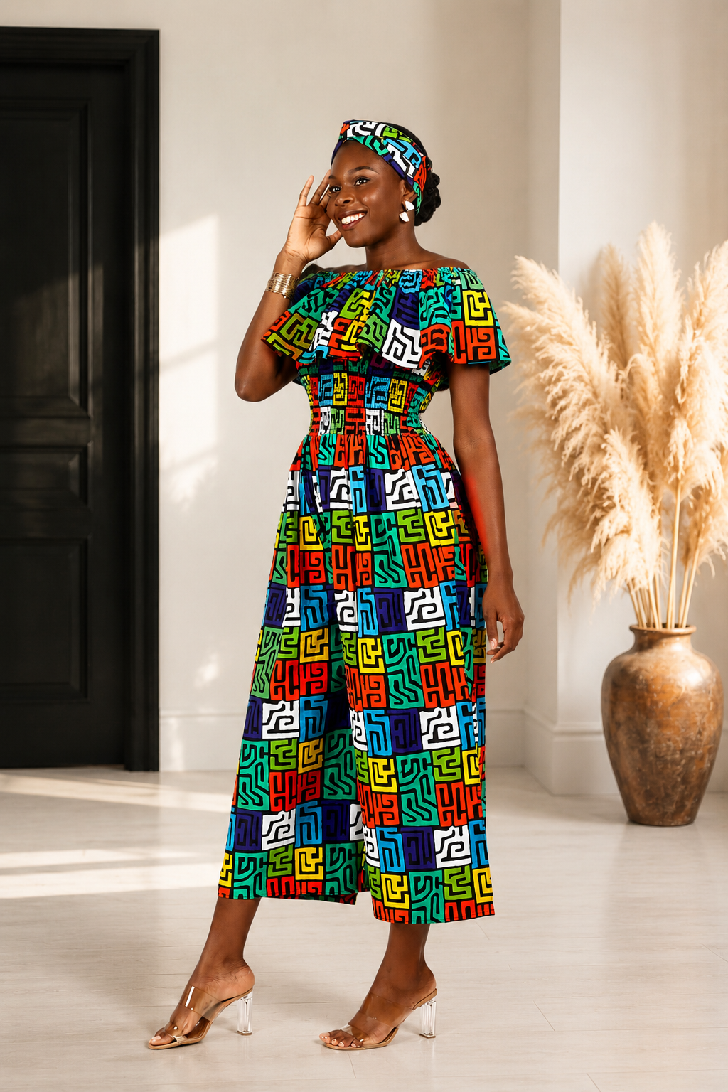 African Print Ruffled Neckline Jumpsuit / Romper (Blue) with Head Wrap
