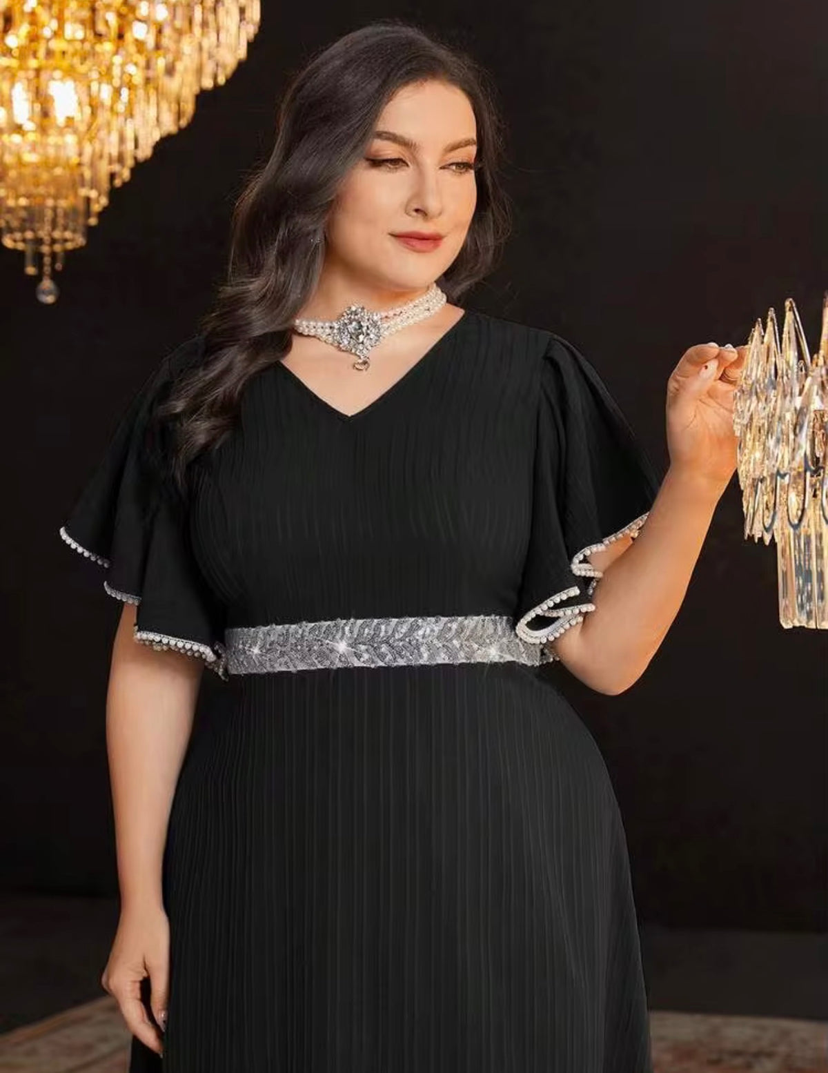 Elegant Black V-Neck Maxi Dress with Silver Accents, Size 2X (US 16)