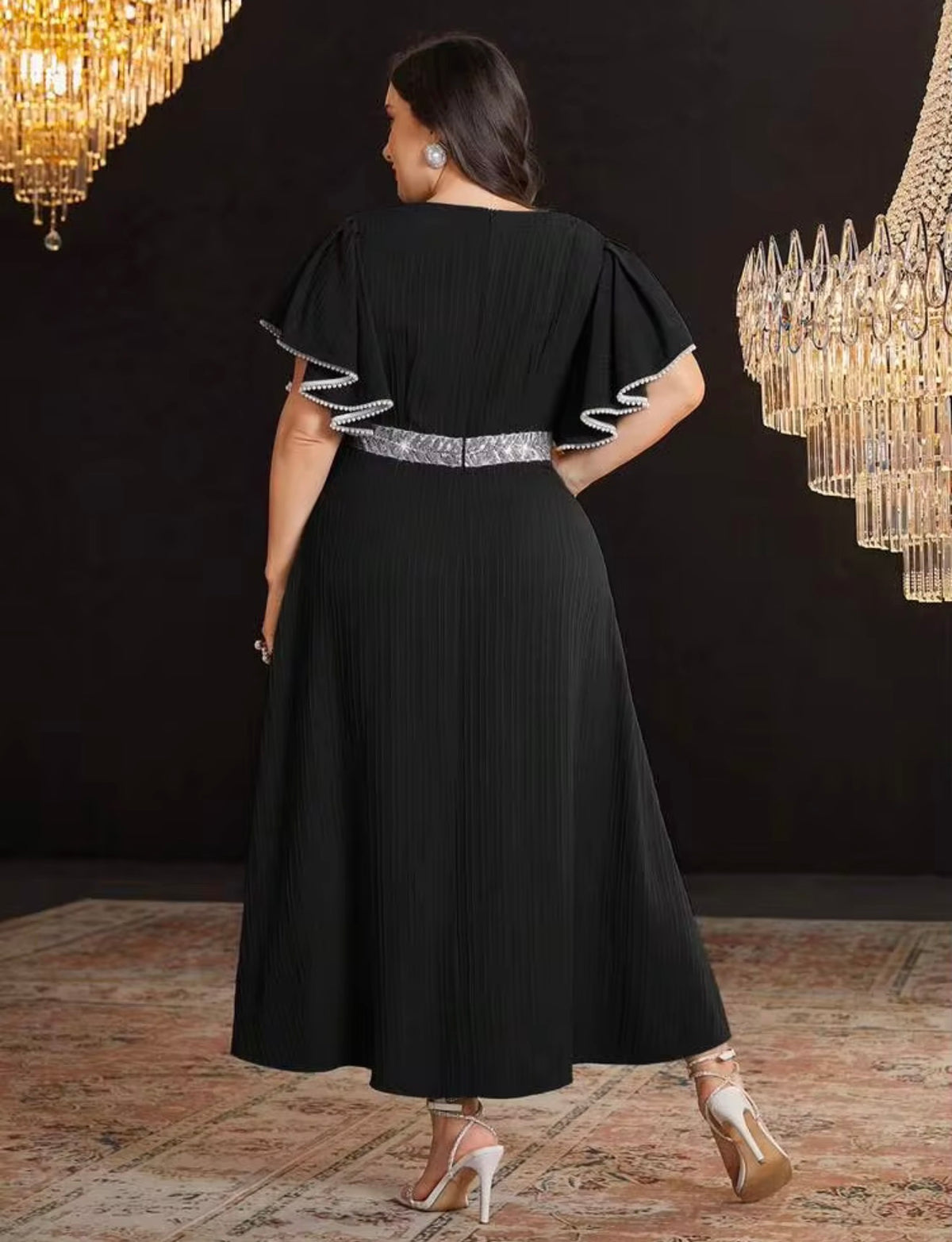 Elegant Black V-Neck Maxi Dress with Silver Accents, Size 2X (US 16)