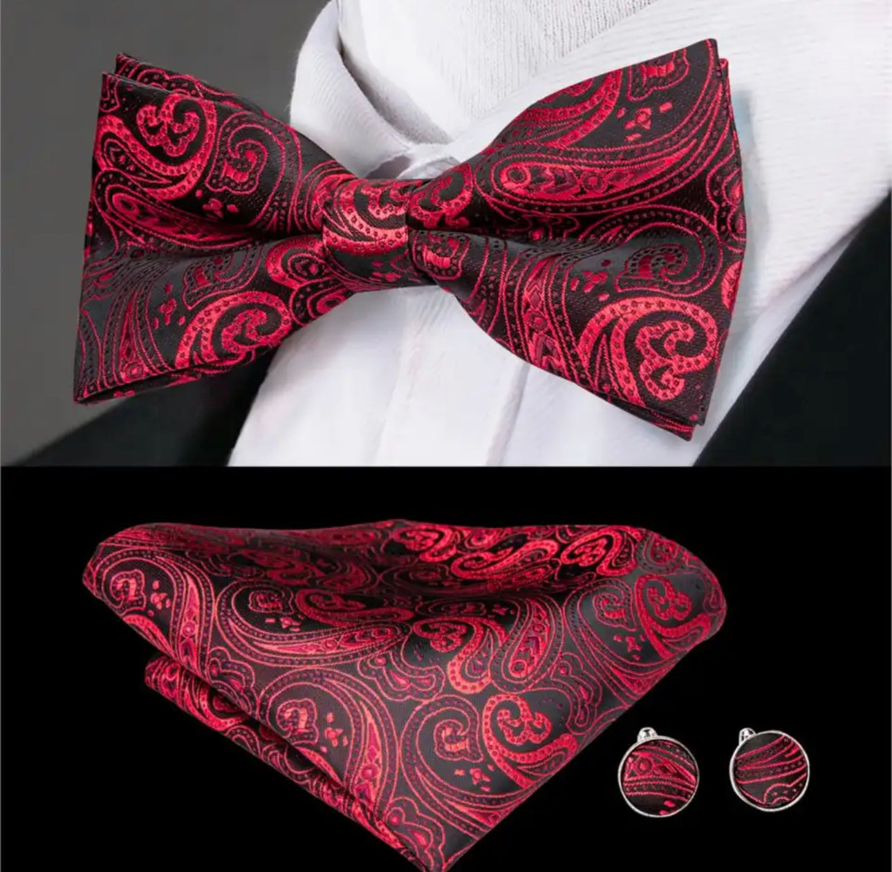 Men’s Silk Coordinated Black Bow Tie Set - Red Black Paisley 0789