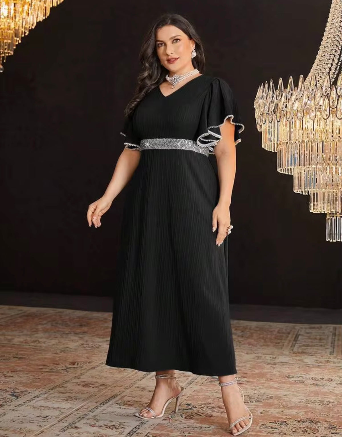 Elegant Black V-Neck Maxi Dress with Silver Accents, Size 2X (US 16)