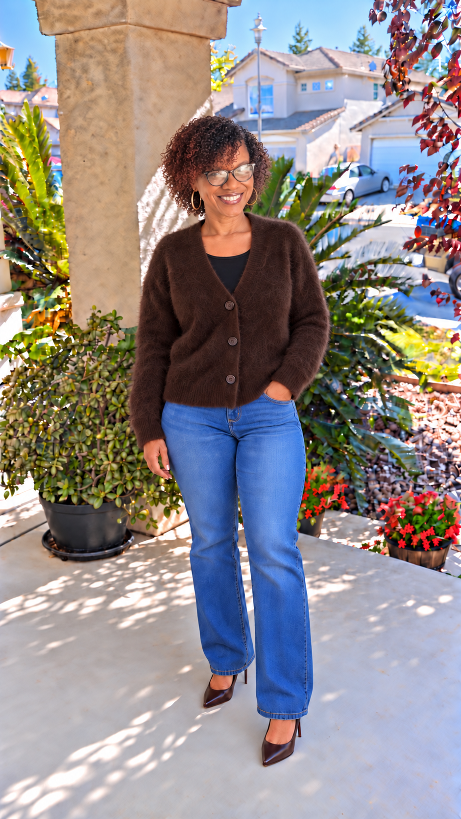 Fuzzy V-Neck Button-Down Cardigan