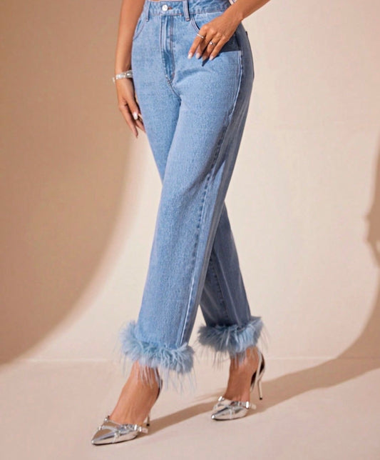 Plush Hem High Rise Straight Jeans