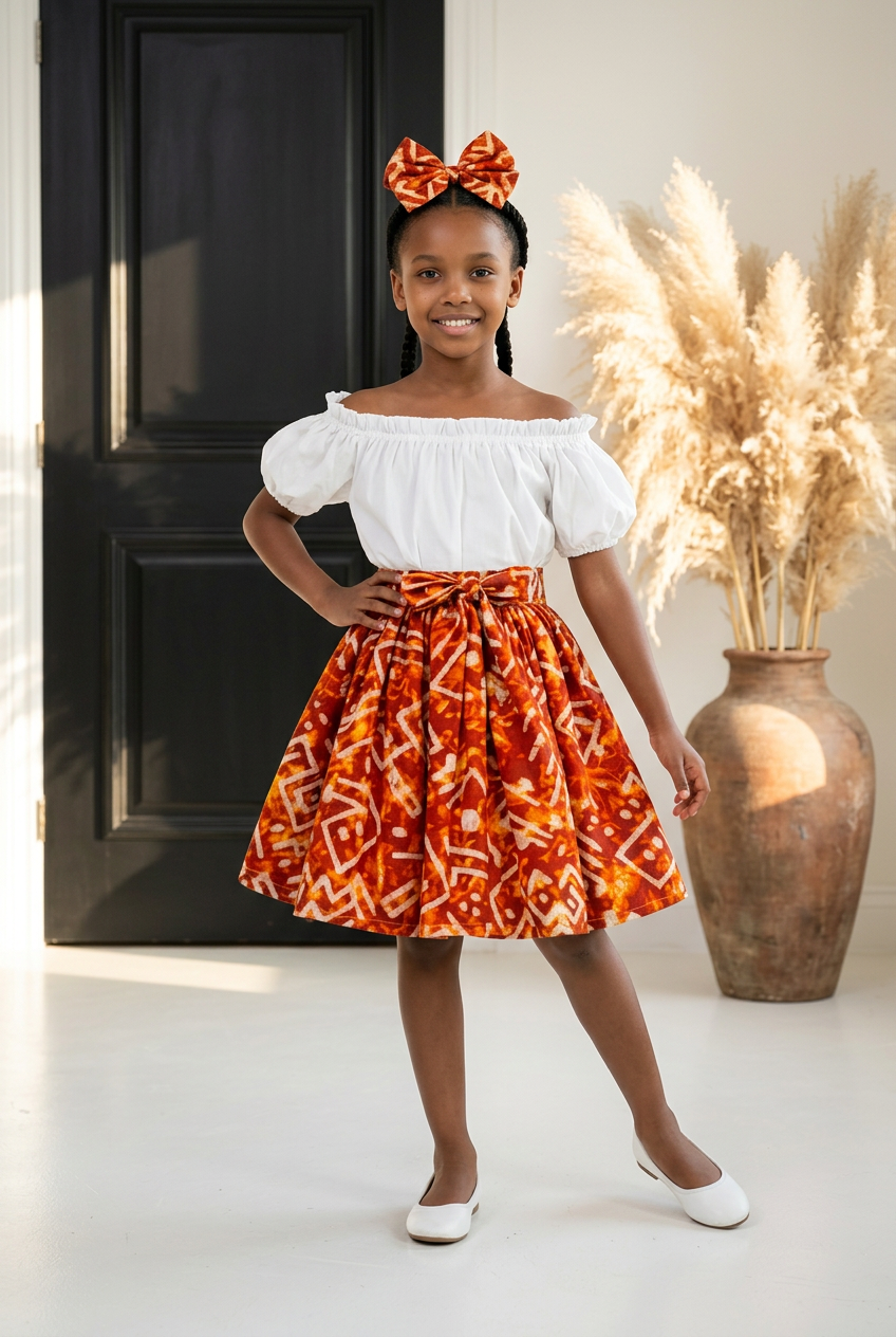 Little Girls Skirt & Head Bow Set-Kids Fiery K05 (Child Size 5-8)