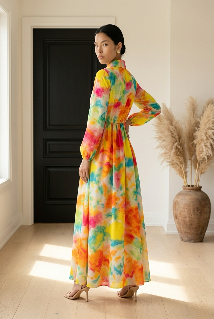 Watercolor Print Long-Sleeve Button-Down Maxi Dress