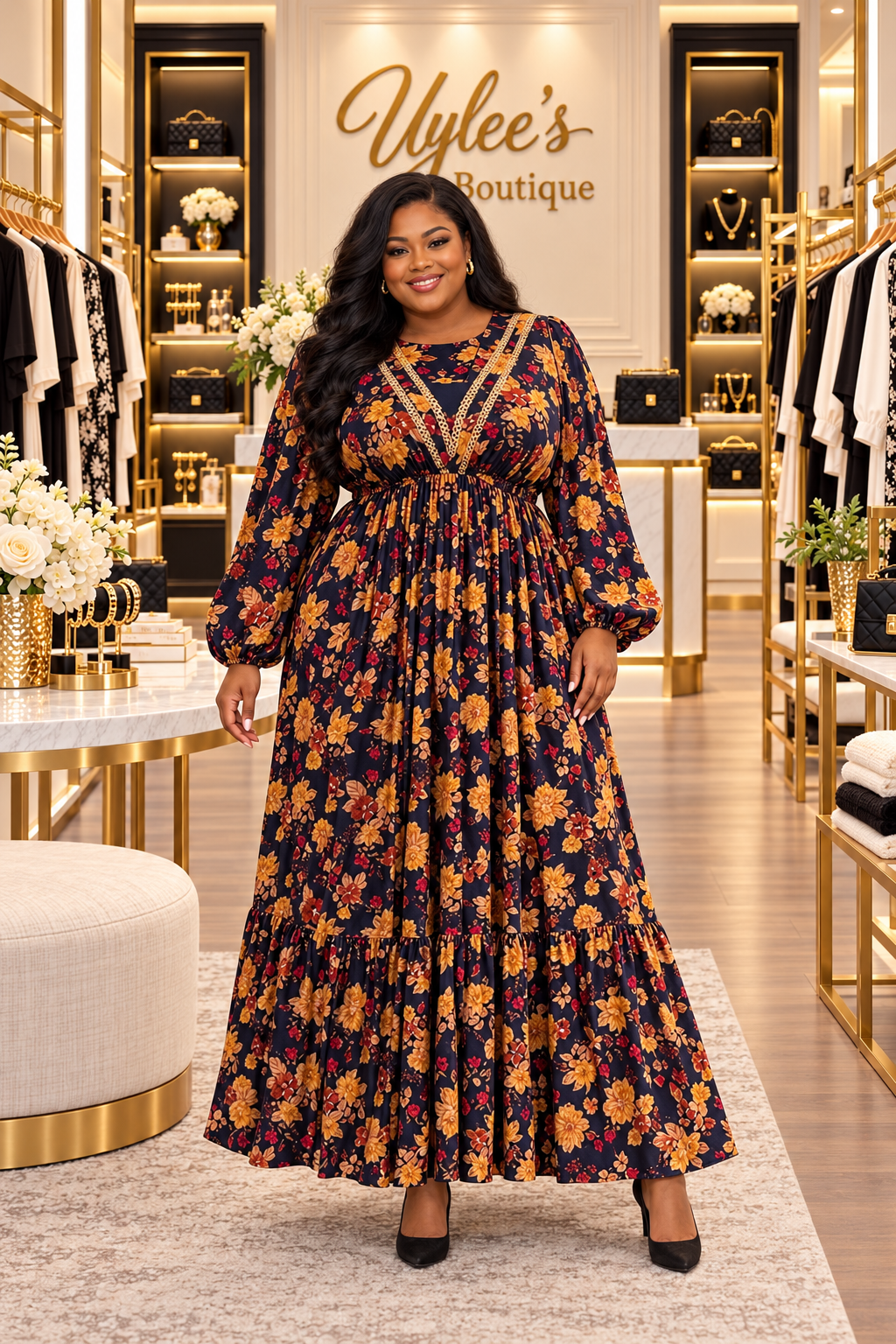 Plus Size Floral Print V-Neck Maxi Dress