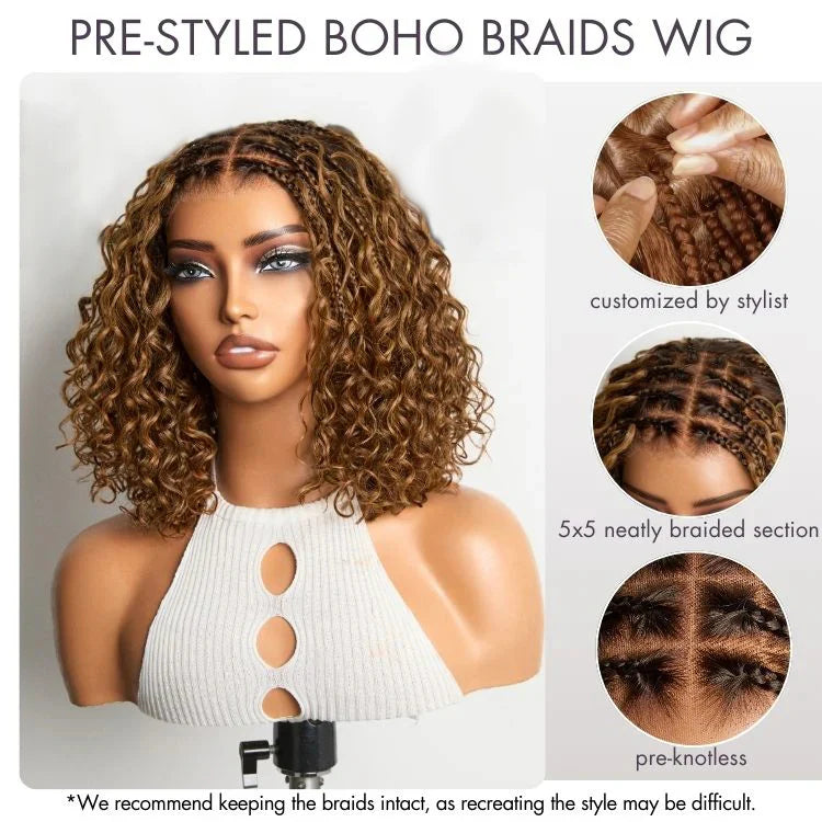 150% Density 5x5 Closure Lace with Boho Braids Pre-Cut Glueless Lace Wig Ombre Brown Highlight Curly, 12 inches