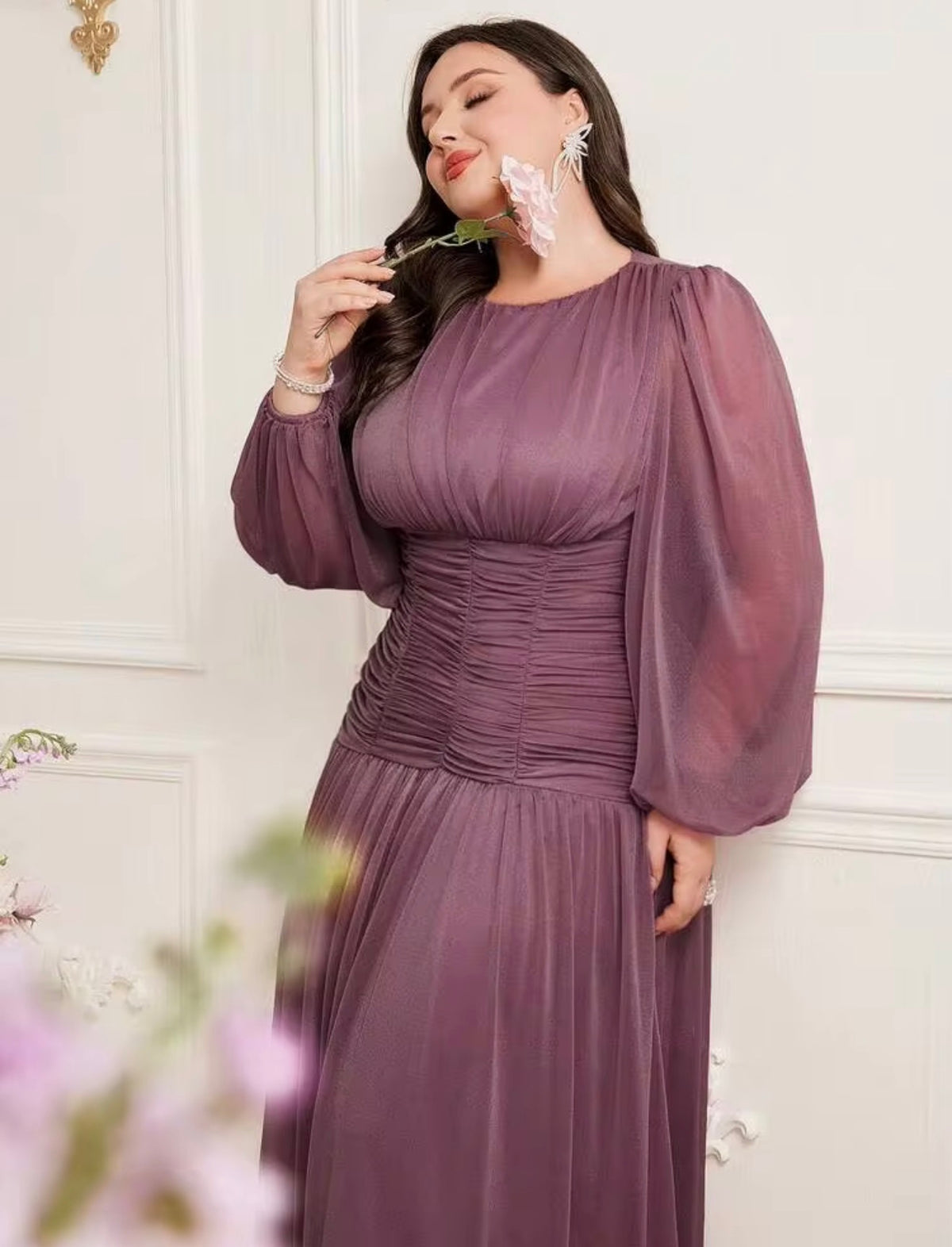 Mauve Purple Long-Sleeve Chiffon Midi Dress, 2X (US 16)