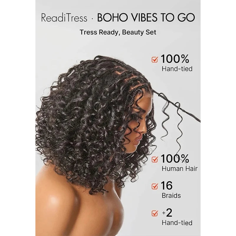 150% Density 5x5 Closure Lace with Boho Braids Pre-Cut Glueless Top Human Hair Wig Curly, 10 inches