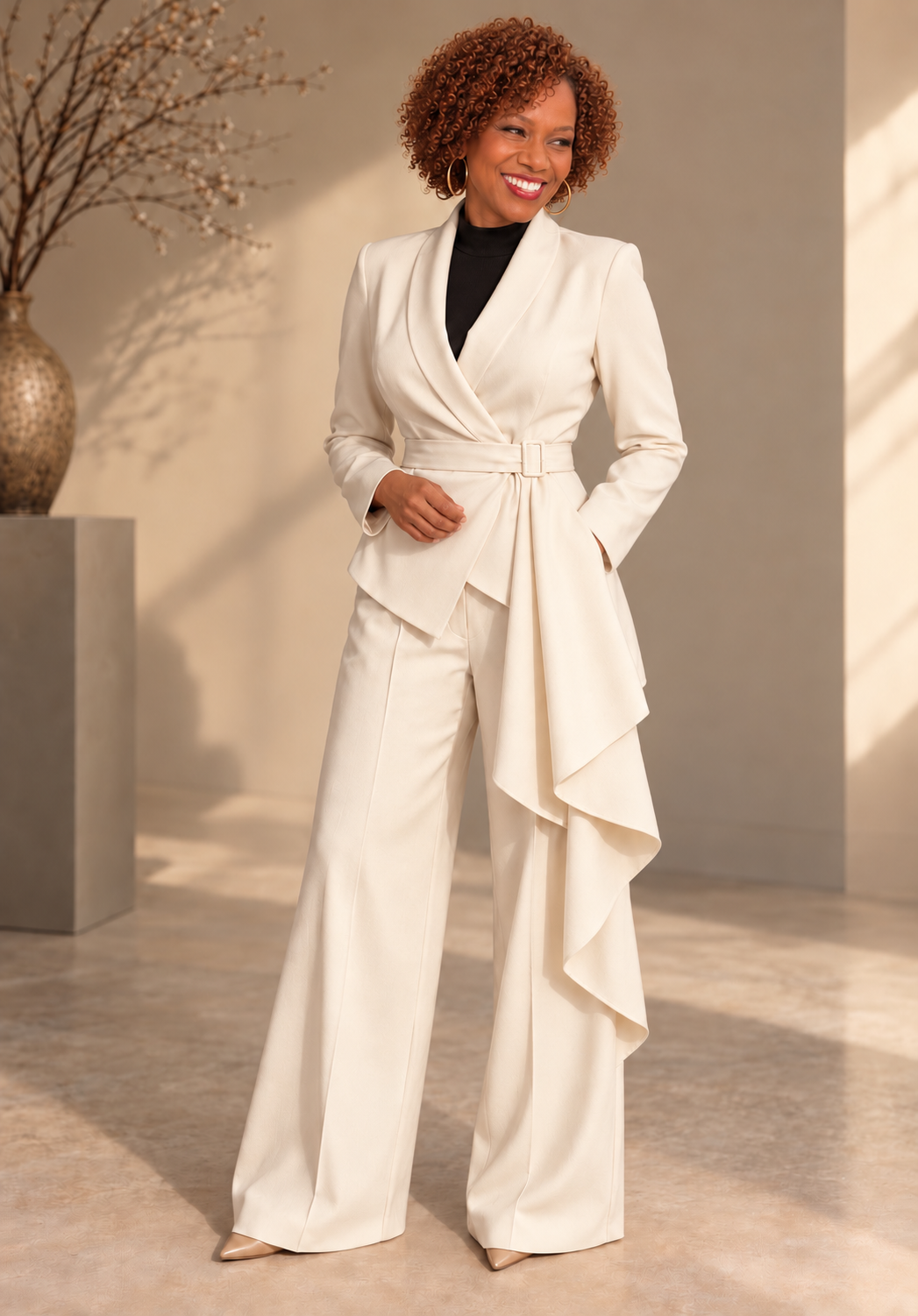Full Size Belted Blazer and Wide-Leg Pants Set Plus Size