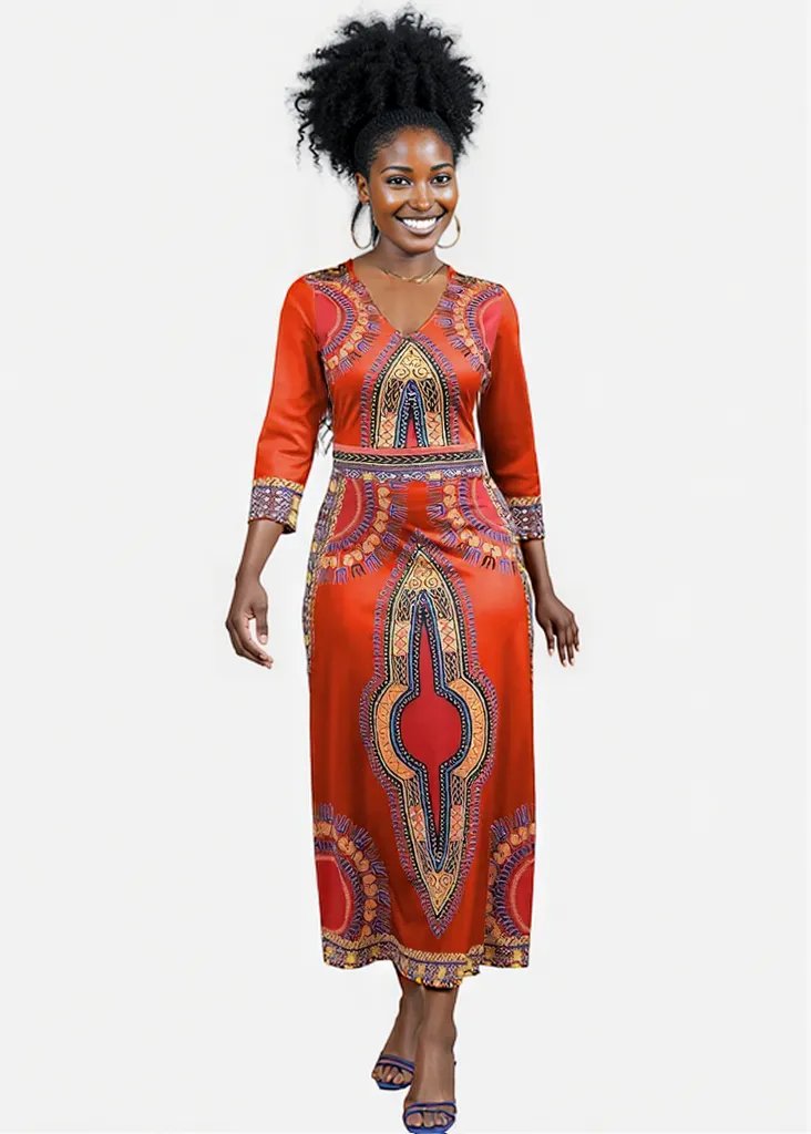 Elegant African Print Maxi Dress – Sizes S to 3XL (Orange)