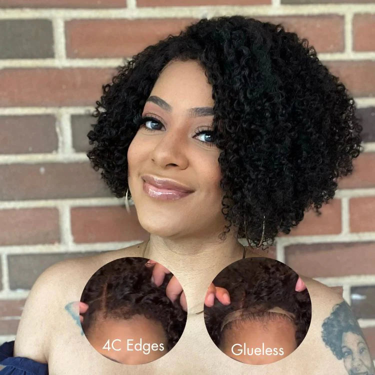 U.B.’s 12 Inches 5x5 4C Edges | Kinky Edges Jerry Curly Glueless Short Lace Closure Wig-100% Human Hair