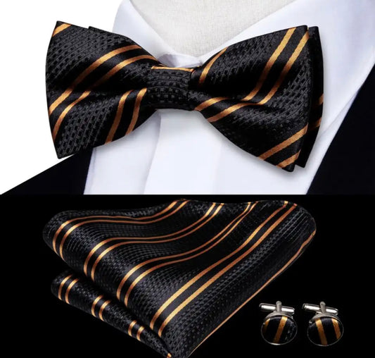 Men’s Silk Coordinated Black Bow Tie Set - Black with Gold Stripes 0561