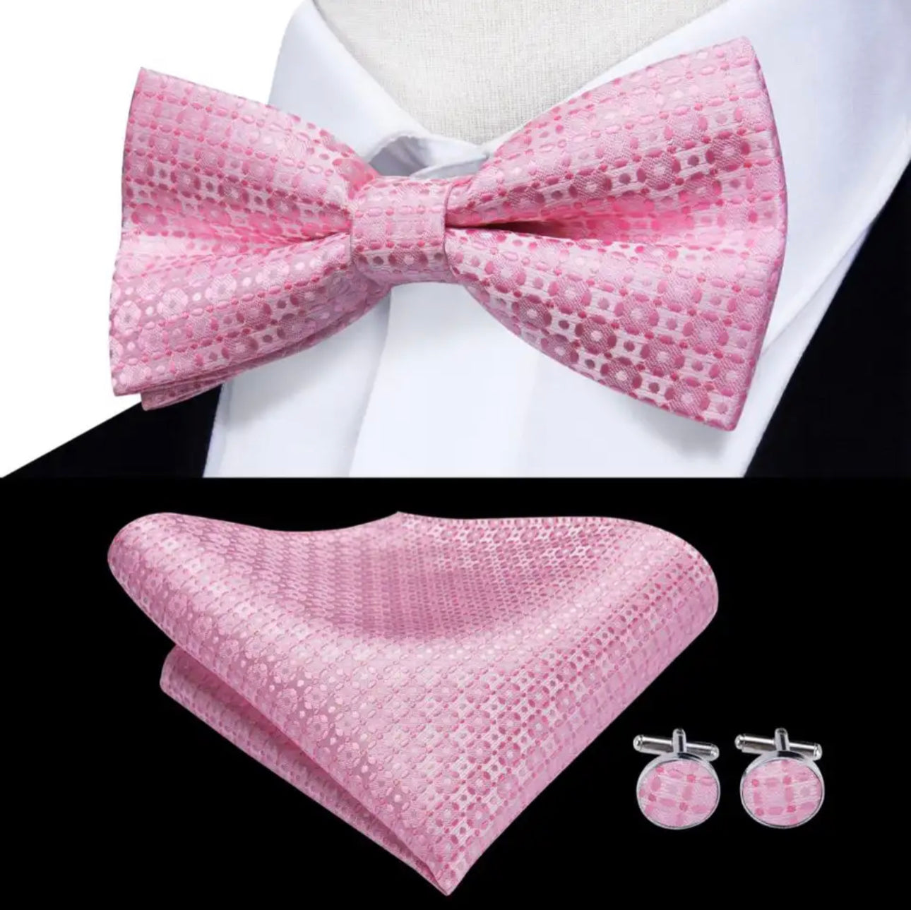 Men’s Silk Coordinated Black Bow Tie Set - Pink 0502